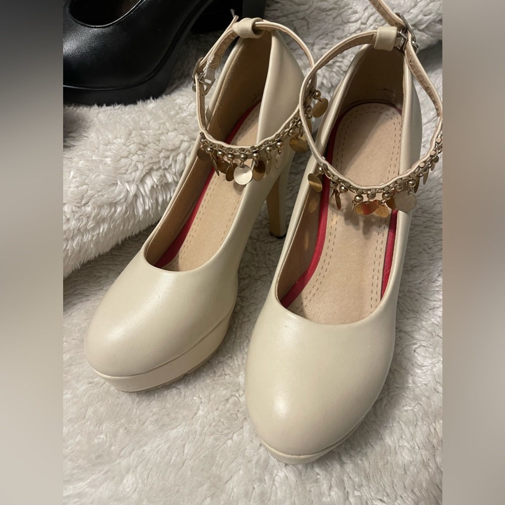 Beige Pumps High Heel Ankle Cross Strap Shoes Size EU37 US 6 1/2